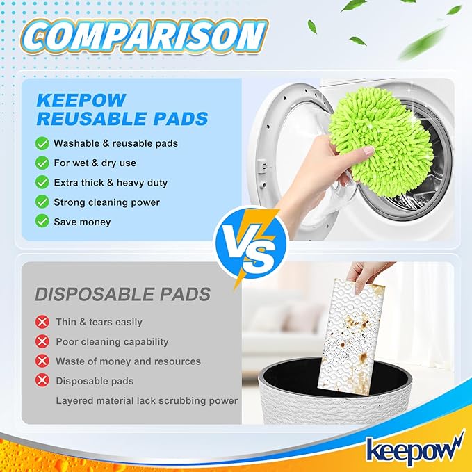 KEEPOW Reusable Microfiber Mop Pads Compatible with Swiffer Sweeper & Mop Deluxe 2-in-1, Wet & Dry Mopping Cloths for All Floors, Compatible with Swiffer Dry Sweeping Cloths for Cleaning (2 Pack)