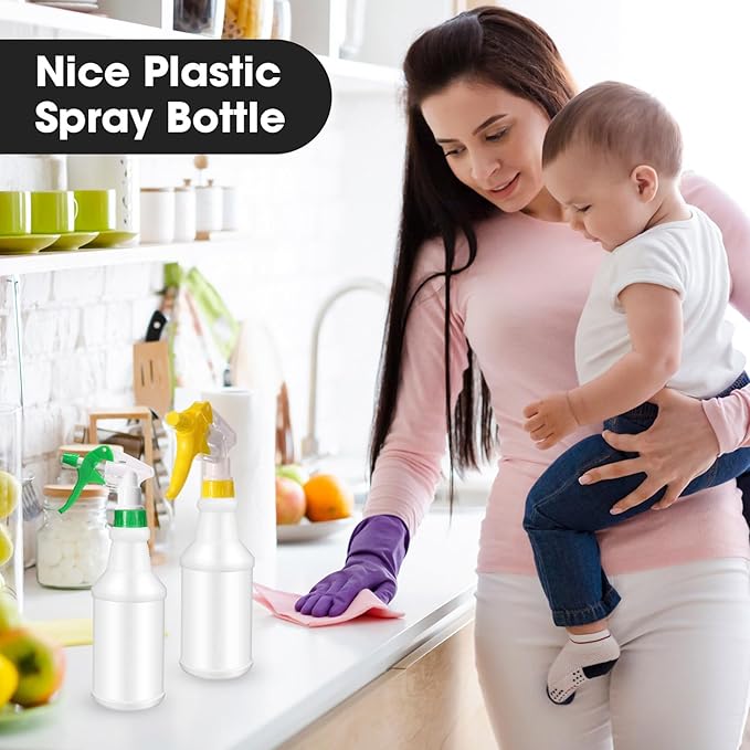 Eccliy 12 Pcs 16 Oz Plastic Spray Bottle, Adjustable Empty Reusable Sprayer for Cleaning, Planting, Water, Bathroom and Kitchen, BBQ, Commercial and Residential(Green, Yellow,Original)