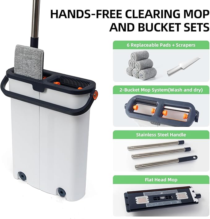 Mop and Bucket Set with Wringer for Home, 360° Flat Squeeze Mop with Long Handle and 6 Microfiber Cloths for Floor Cleaning (White+Blue, Slim Bucket and 15.7'' Aluminum Alloy Mop Head)