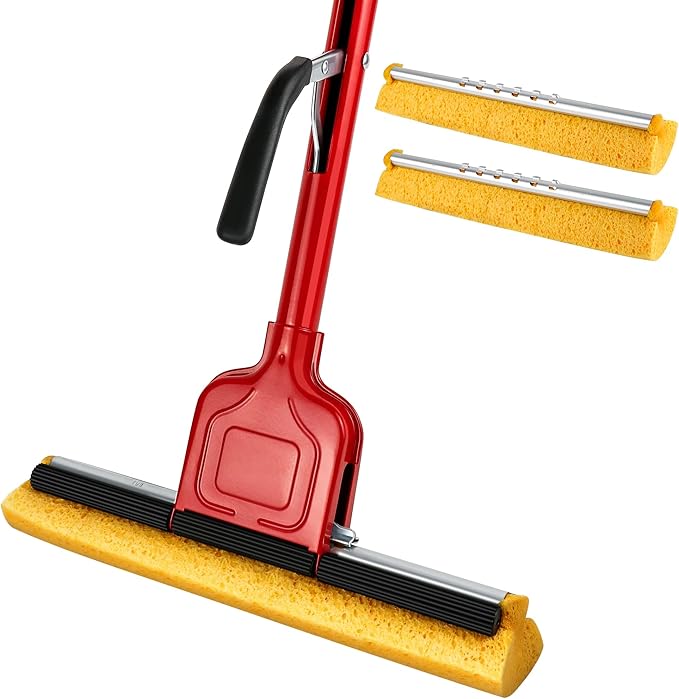 Compressed Cellulose Sponge Mop with 2 Roller swop mop Heads Suitable for Wood, Ceramic Tiles and Other Flat and Smooth Floors (1 Handle and 2 Heads)