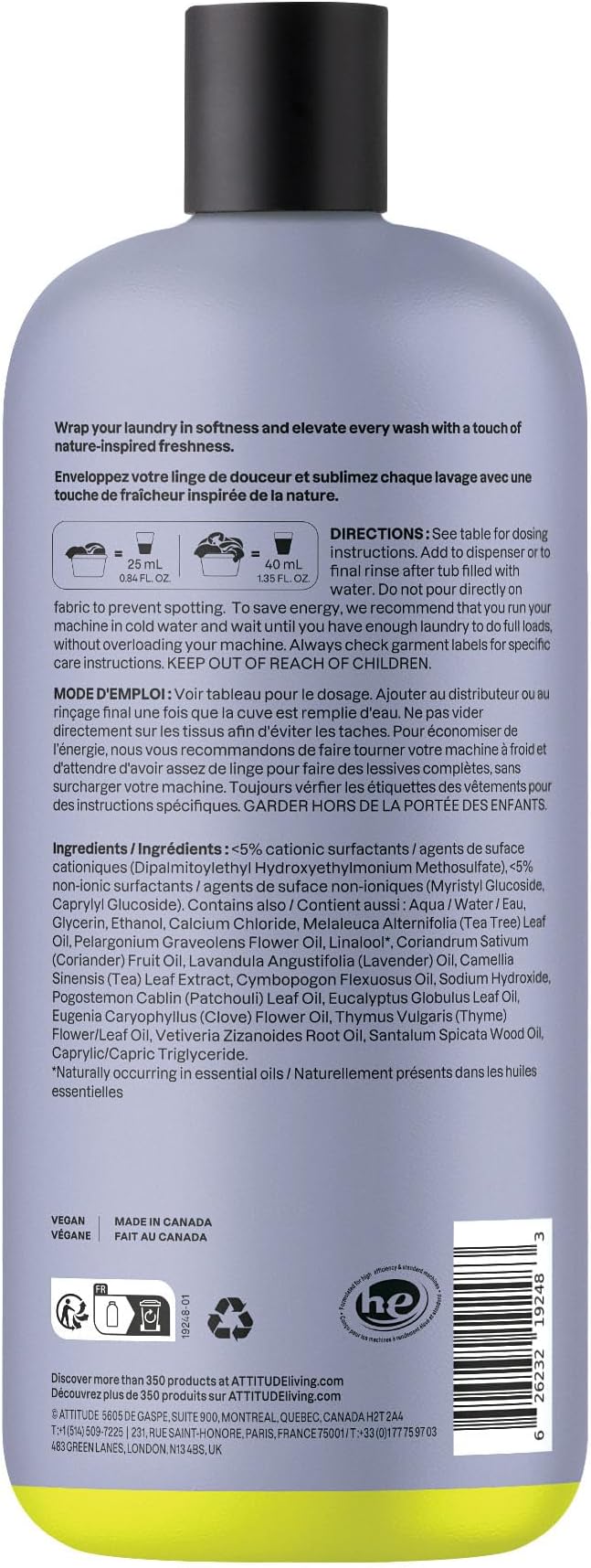 ATTITUDE Liquid Fabric Softener, Natural Origin Ingredients, For White and Colored Clothing, Deodorizes, Gentle on Delicate skin, Infused With Essential Oils, Geranium & Lemongrass, 38 Loads, 32 Fl Oz