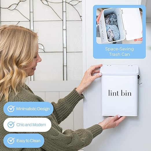 Magnetic Lint Bin for Laundry Room Organization and Storage, Includes Magnetic Hook & Lint Brush, Wall-Mounted Laundry Dryer Bin for Laundry Room Decor, Space-Saving Trash Can (Matte White)