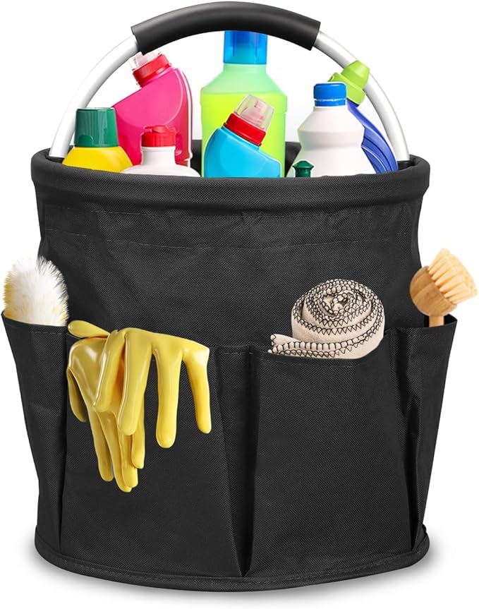 17L Foldable Cleaning Caddy with Handle - Portable Duty Tool Bag Cleaning Supply Organizer, Multi-Compartment Cleaning Bucket Storage Basket for Home Kitchen Bathroom (Black)