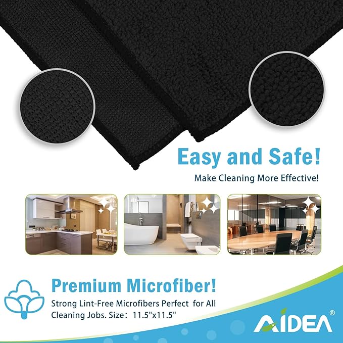 AIDEA Microfiber Cleaning Cloth Black 8PK, Microfiber Towels for Cars, Premium Car Cloths, Dusting Cloth Lint Free Cleaning Rags for SUVs, House, Kitchen, Window, Workshops,11.5×11.5"
