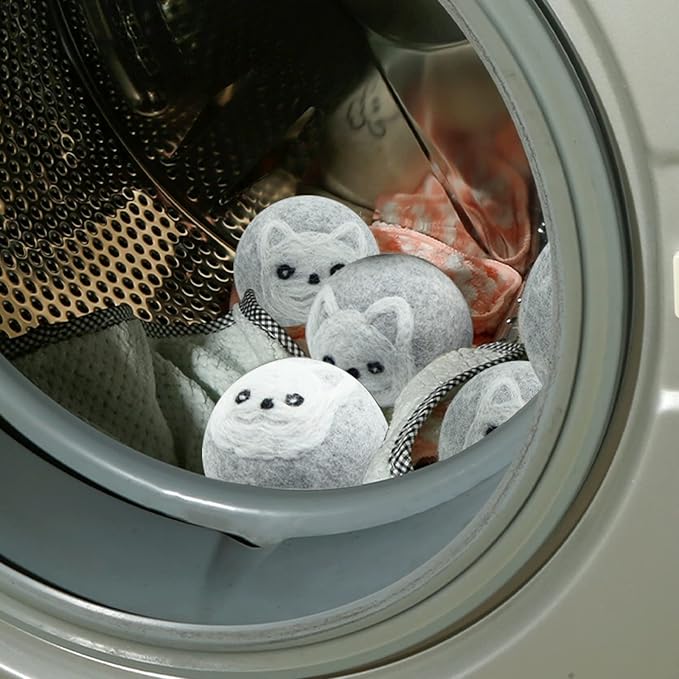 Dryer Balls Laundry Reusable, XL Wool Dryer Balls Cute, Fabric Softener Ball, Extra Large Dryer Balls with Animal Pattern, Shorten Drying Time, Organic Wool - Dry 1000+ Loads (Gray 6 Pack Dog Shapes)