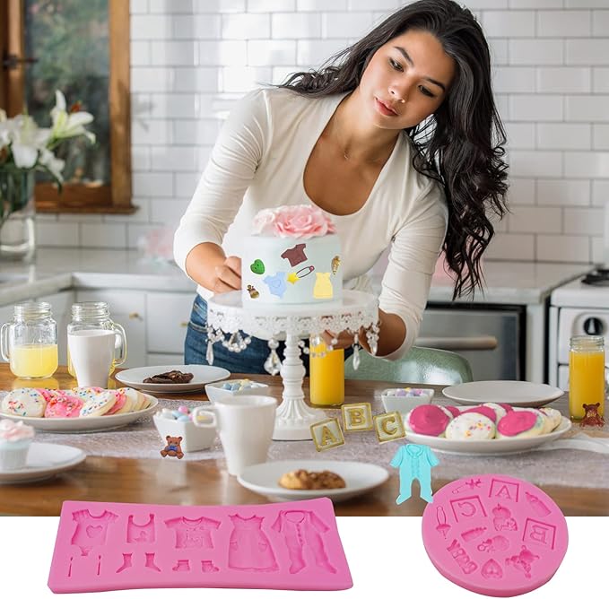 Baby Silicone Fondant Mold, Baby Shower Themed Cake Fondant Molds, Baby Birthday Party Baking Mold Cake Moulds Tools Gender Reveal Party Gummy for Sugar Chocolate Candy Clay Cupcake Topper Decoration