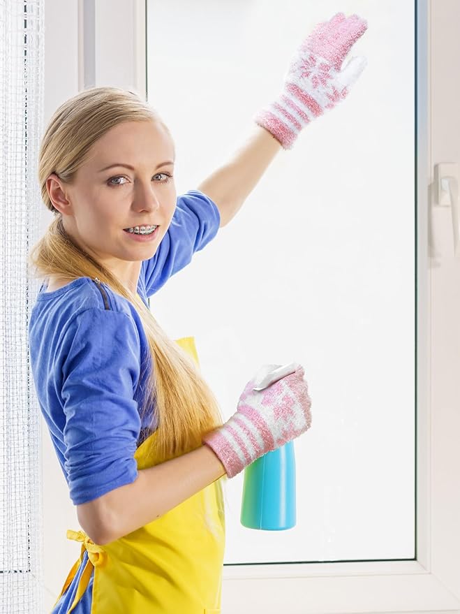 Patelai 3 Pairs Microfiber Plant Dusting Gloves Leaf Cleaning Gloves for Indoor Plants, Blinds, Furniture, House(Large,Snowflake Yellow, Pink, Blue, White)