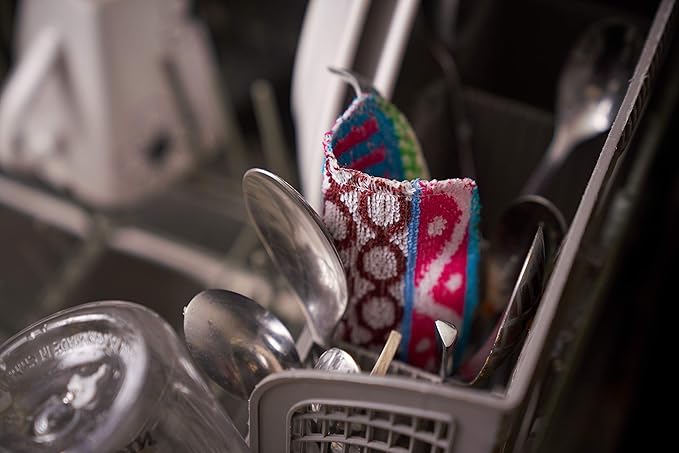 Skoy Scrub, 2-pack Reusable, Non-Scratching Dish Scrubber for Kitchen and Household Cleaning, Planet-Friendly, Dishwasher Safe Soft Scrub, Assorted Colors and Designs