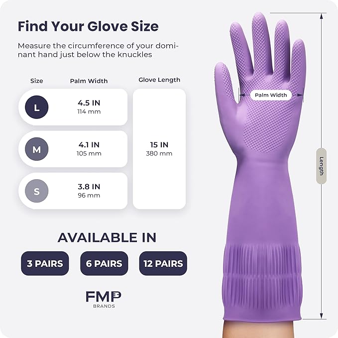 FMP Brands 3/6/12/60 Pairs 15 Inch Extra Long Rubber Dishwashing Gloves - Non-Slip for Cleaning, Kitchen, Bathroom, Gardening