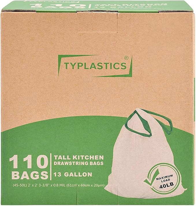 TYPLASTICS Tall Kitchen Drawstring Trash Bags, 13 Gallon, 110 Count
