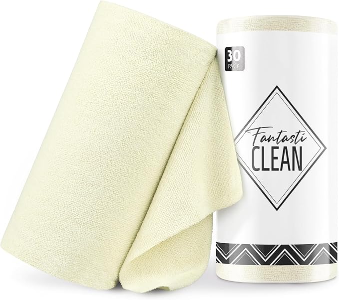Fantasticlean Microfiber Cleaning Cloth Roll -30 Pack, Tear Away Microfiber Towels, 12" x 12", Reusable, Washable, Scratch Free, Ultra Absorbent Dishcloth for Car, Home Supplies, Pet, Kitchen (Beige)