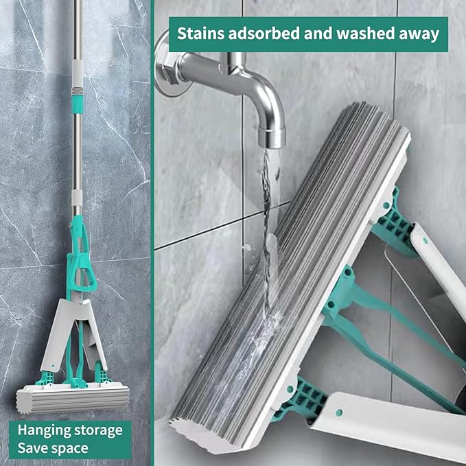 Sponge Mop with Telescope Handle for Kitchen Bathroom Garage Floor Cleaning, Automatic Wringing for Tile Marble Wood Floors, 1 Extra Sponge Head