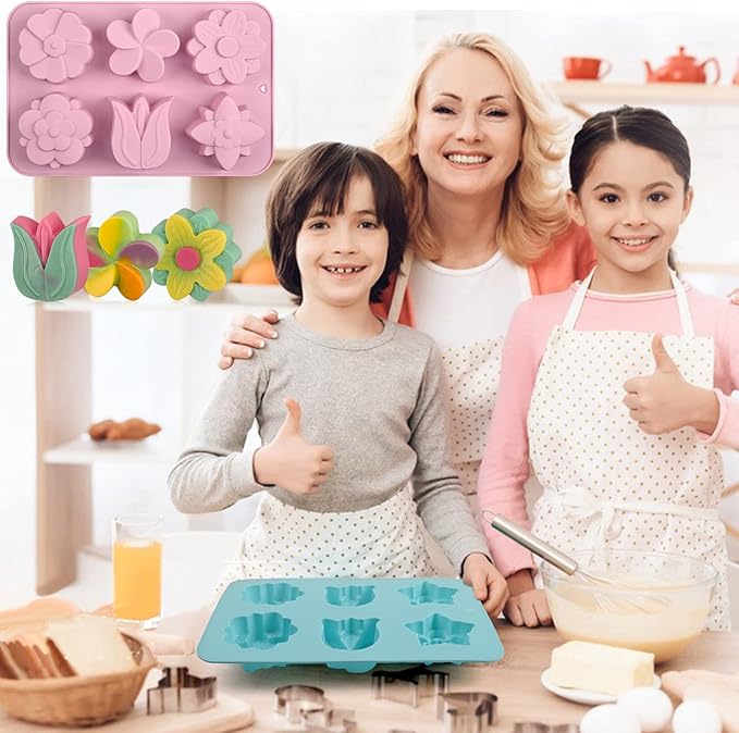Sakolla 6-Cavity Flower Soap Molds Silicone, 2 Pack Tulip Different Flower Shapes Silicone Molds for Soap, Lotion Bar, Bath Bombs, Chocolate, Candy Baking Molds Jelly, Ice Cube Tray