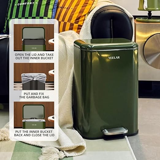 5 Gallon Bathroom Trash Can - Room Step Garbage Can with Lid, Stainless Steel Trash Bin for Kitchen Living Room Bedroom Commercial Restaurant Office (Green, 20Liter / 5.5Gallon)