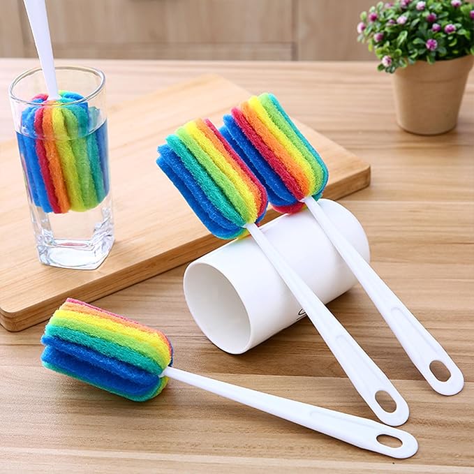 Bottle Brush Cleaner 8PCS Sponge Cleaning Brushes Long Handle Scouring Pad Scrub Brushes for Kitchen Clean Baby Bottle Glasses Mugs Cups (8PCS)