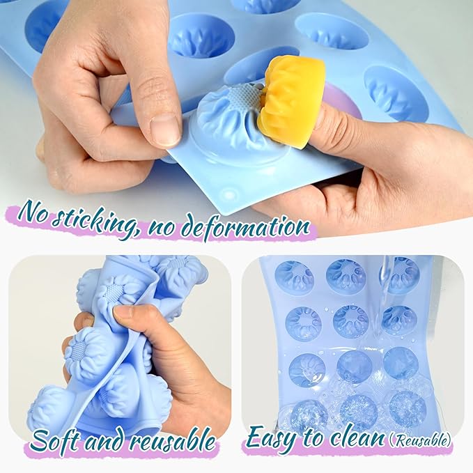 2PCS Flower Silicone Soap Molds, 15 Cavities Small Daisy Flower Soap Mold for Homemade Craft Soap Mold, Jelly, Cake, Mousse, Ice Cream Tray Baking Mold (Blue+Purple)