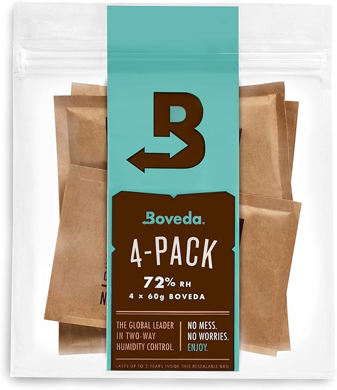 Boveda 72% Two-Way Humidity Control Packs For Wood Humidifier Boxes – Size 60 – 4 Pack – Moisture Absorbers – Humidifier Packs – Hydration Packets in Resealable Bag