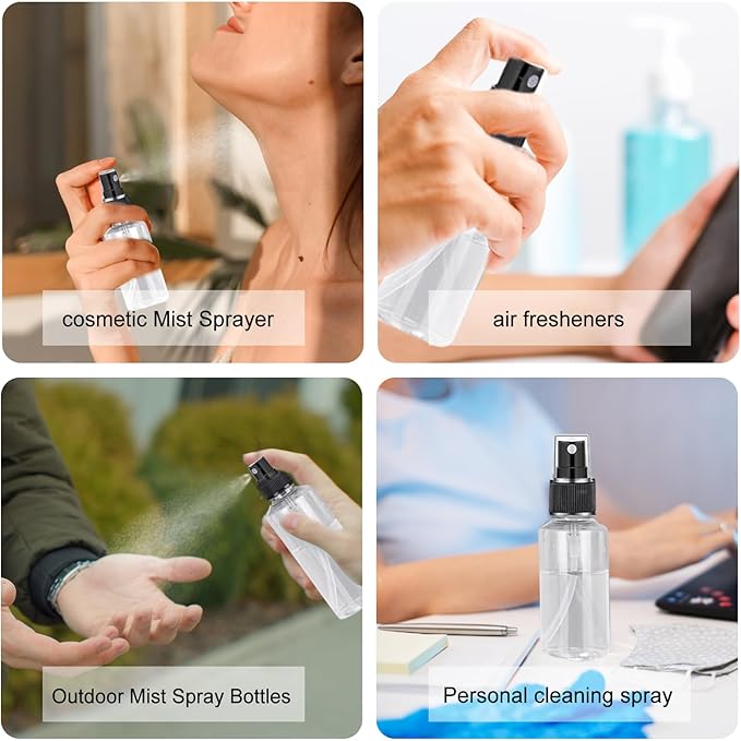 120 Pcs 2 oz Plastic Spray Bottles with Black Cap for Mini Spray Bottles, Clear Empty Fine Mist Liquid Container Refillable Sprayer for Essential Oils, Perfumes, Travel, Makeup
