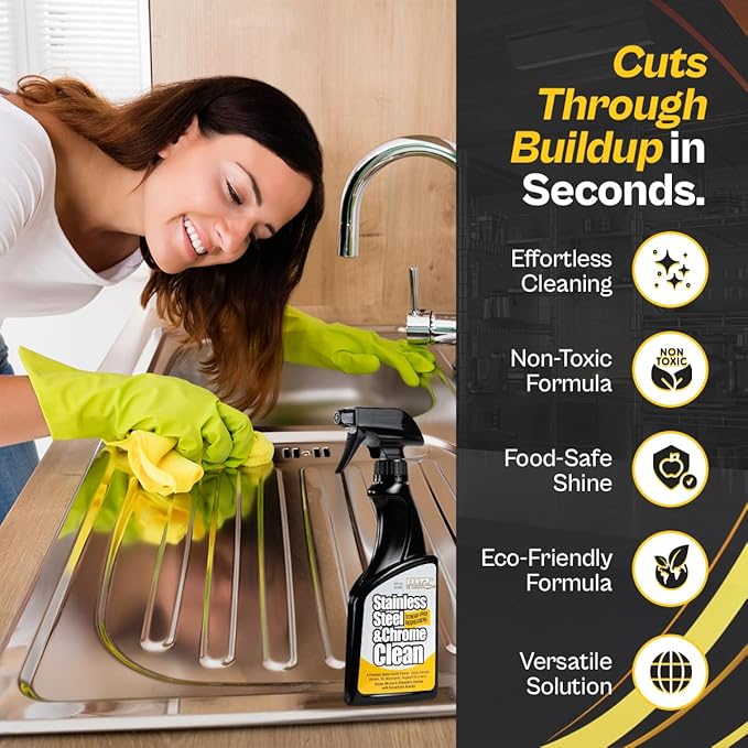 Flitz Stainless Steel & Chrome Clean - 32oz Bottle, USA-Made Stainless Steel Cleaner Spray for Appliances - Grill, Fridge, Sink Stain Remover - Also Works on Aluminum Surfaces (1 Pack)