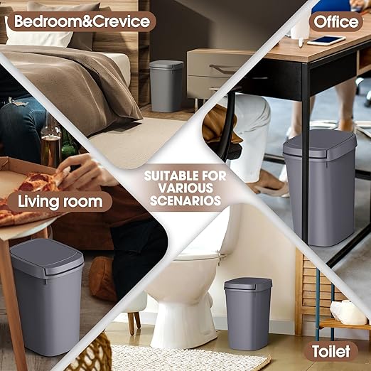 CEROELDA 3 Pack Bathroom Trash Can with Lid, 10L/2.6 Gal Small Garbage Can with Press Top Lid, Slim Plastic Waste Basket for Toilet, Office, Bedroom (Grey, 3 Pack)