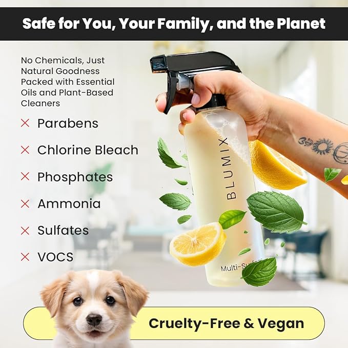 Eco-Friendly Cleaning Kit – Spray Bottle, 4 Refill Tablets, Swedish Dishcloth & Glass Cloth | Lemon & Eucalyptus | Plant-Based, Biodegradable All-Purpose Surface Cleaner Starter Set, Gift