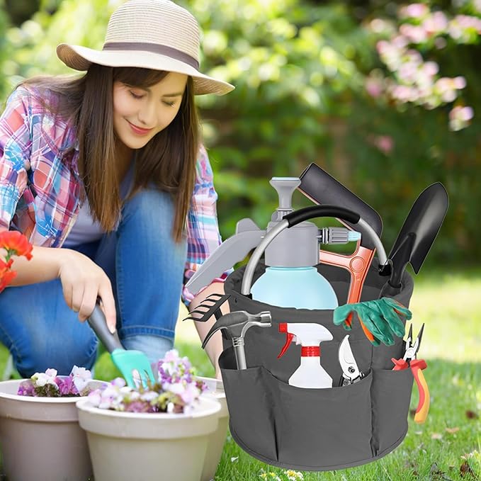 17L Cleaning Caddy with Handle, Garden Tool Organizers Bag, Cleaning Bucket Organiser, Foldable Gardening Bags Multi Pocket, Grey