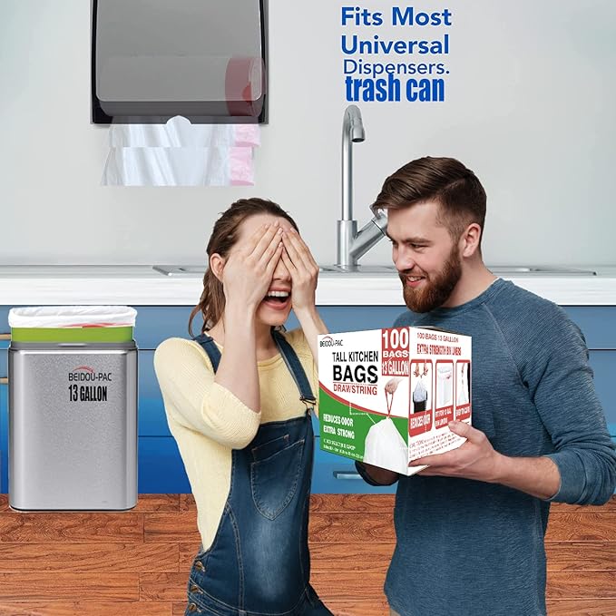 Trash Bags 13 Gallon Drawstring, 100 Count, Multifold Roll Garbage Bags, Tall Kitchen Trash Bag, Odorless & Extra strength White Plastic Food Scrap Bag for Home Office Bathroom Kitchen Bins