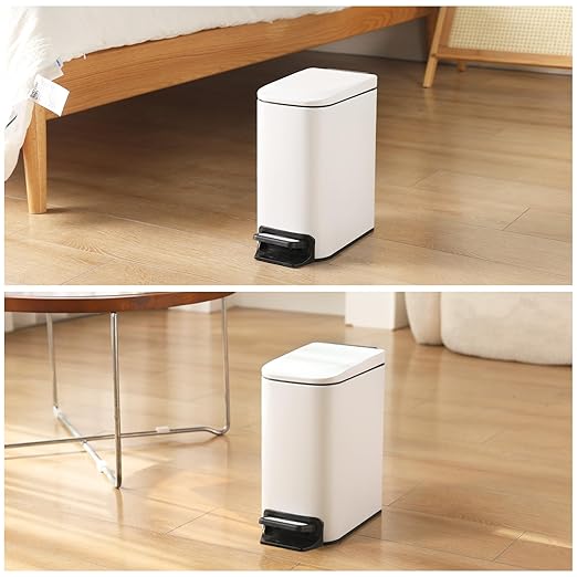 Slim Bathroom Trash Can with Lid Stainless Steel Garbage Can with Removable Inner Bucket Small Wastebasket with Step Pedal for Toilet Office Bedroom (Matte White, 1.8 Gallons)
