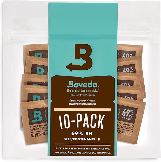 Boveda 69% Two-Way Humidity Control Packs For Storing Up to 5 Items – Size 8 – 10 Pack – For Small Plastic Travel Cases & Bags – Moisture Absorbers – Humidifier Packs in Resealable Bag