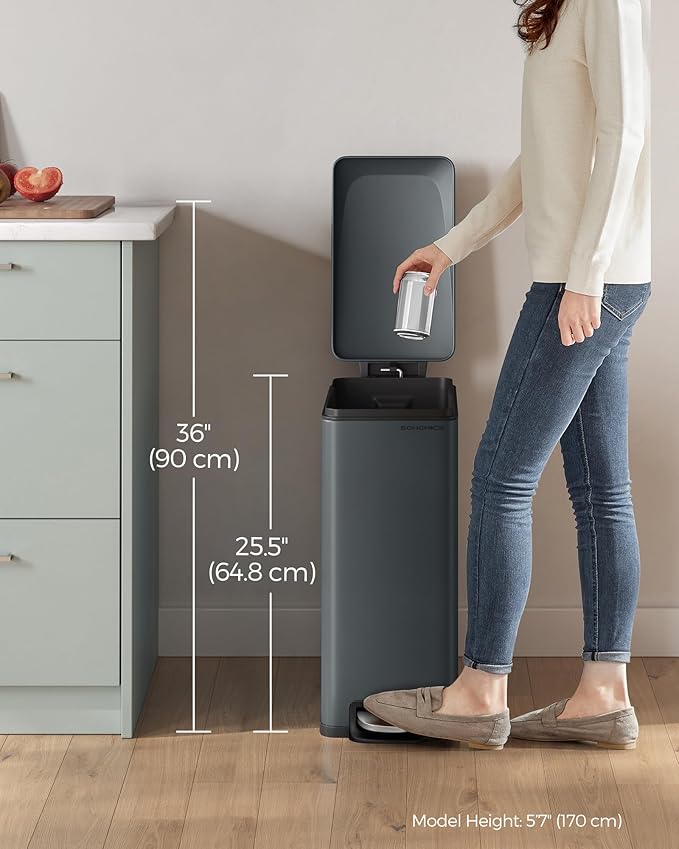 SONGMICS Slim Trash Can, 13-Gallon (50 L) Garbage Can for Narrow Spaces with Soft-Close Lid, Inner Bucket, and Step-on Pedal, Stainless Steel, 15 Trash Bags Included, Charcoal Gray ULTB510G01