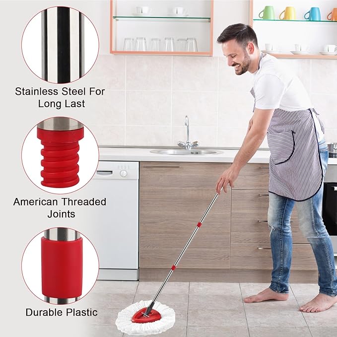 Spin Mop Head Refill for Vileda/Ocedar EasyWring Spin Mop - Rotating Microfiber Triangle Replacement Pads Washable & Reusable fit All Floor - 4 Cloth 1 Mop Base 1 Handle and 1 Brush
