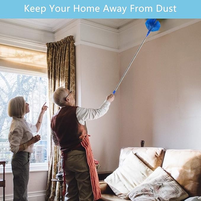 Cobweb Duster with Extension Pole, Washable Cleaning Duster Kit with 3 Duster Heads, Cobweb Duster, Corner Brush, 15-100 Inch Long Aluminum Telescoping Pole for Ceiling Fan (Blue)