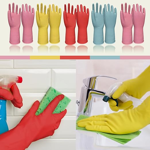 Kitchen Gloves for Washing Dishes - 5 Pairs Rubber Cleaning Gloves for Household Washing Dishes Cleaning Gardening, Non-Slip Dishwashing Gloves Reusable for Women Men Large