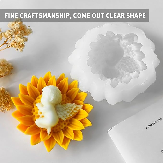 3D Flower Silicone Candle Soap Molds, Angle Baby Sunflower Shape Fondant Chocolate Cake Decoration Mold, Epoxy Resin Casting Wax Concrete Polymer Clay Mold for Craft Baby Shower Wedding Decor