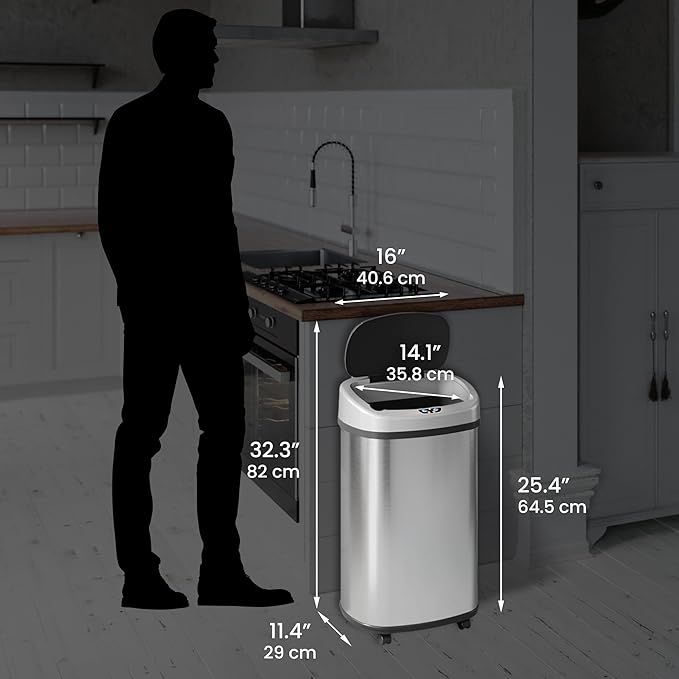 iTouchless Glide 13 Gallon Sensor Trash Can with Wheels and Odor Control System, Stainless Steel, Oval Shape Automatic Kitchen and Office Garbage Bin (Powered by Battery or Optional AC Adapter)