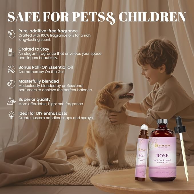 Rose Essential Oil (4 oz/120 ml) — Rose Oils for Aromatherapy, diffusers, humidifiers, Home fragrances, DIY Skincare, soap Making, DIY Candle, Relaxation, Yoga, and Meditation