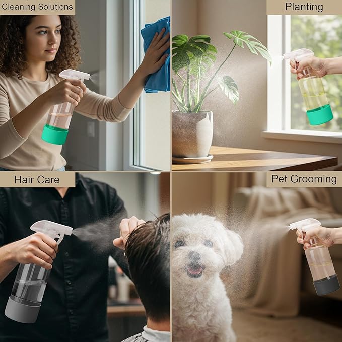 Glass Spray Bottles with Silicone Sleeve 16.9oz 2 Pack Empty Spray Bottle for Hair Mist/Stream Spraying for Cleaning Solutions, Plants, Essential Oils (clear-green&grey)