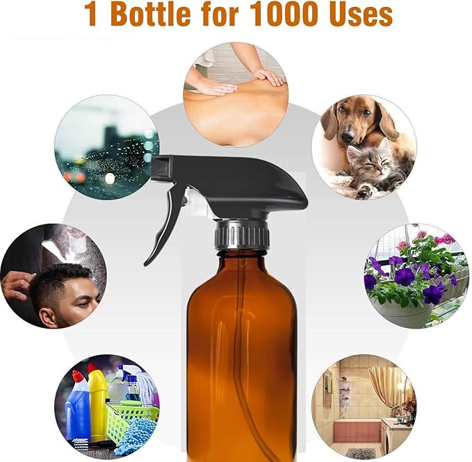 8oz Amber Glass Spray Bottles - 2 Pack Empty Refillable Bottles for Cleaning, Hair Care, Essential Oils, Plants - Includes Durable Nozzle, Labels, Funnel & Dropper, Handheld Size