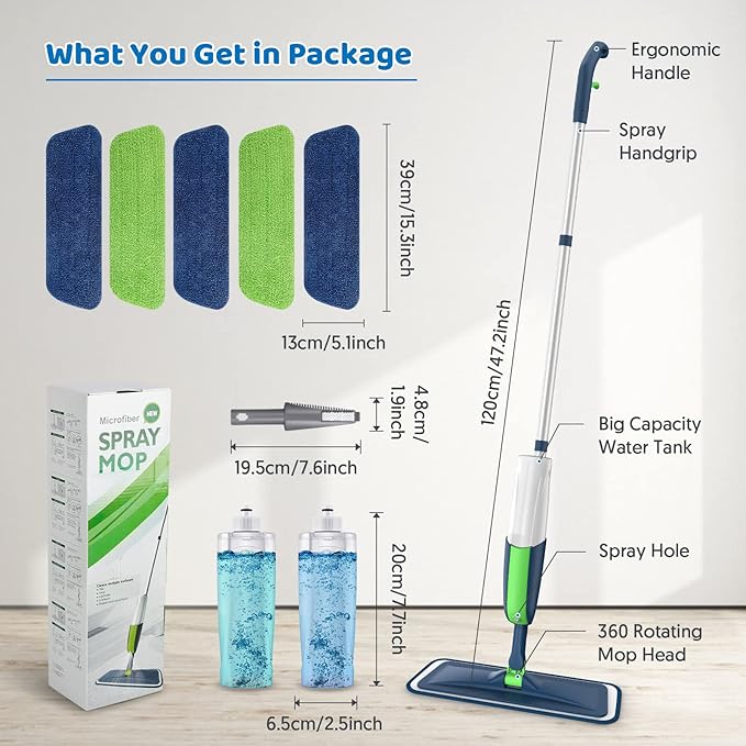 MEXERRIS Spray Wet Mops with 5X Washable Pads for Floor Cleaning, Dust Mops with 2X Bottles Commercial Home Use for Hardwood Laminate Vinyl Tiles Wood Floor, Green