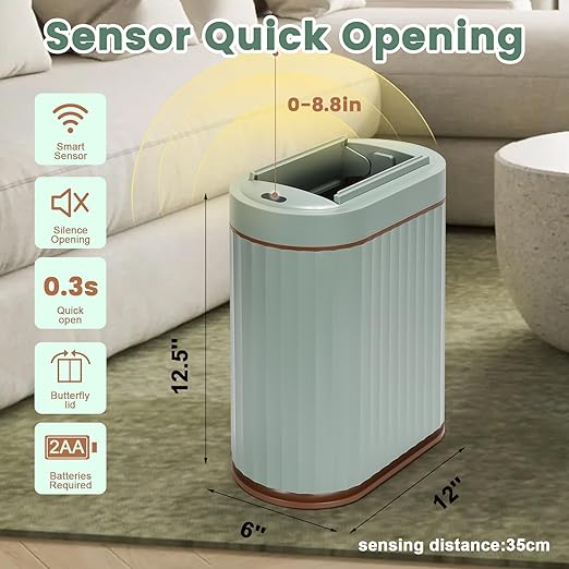ELPHECO Bathroom Trash Can with Lid Butterfly, Motion Sensor Trash Can Bathroom Decor Automatic Garbage Can Wastebasket Bathroom Accessories, Kitchen, Living Room, Office, Sage Green