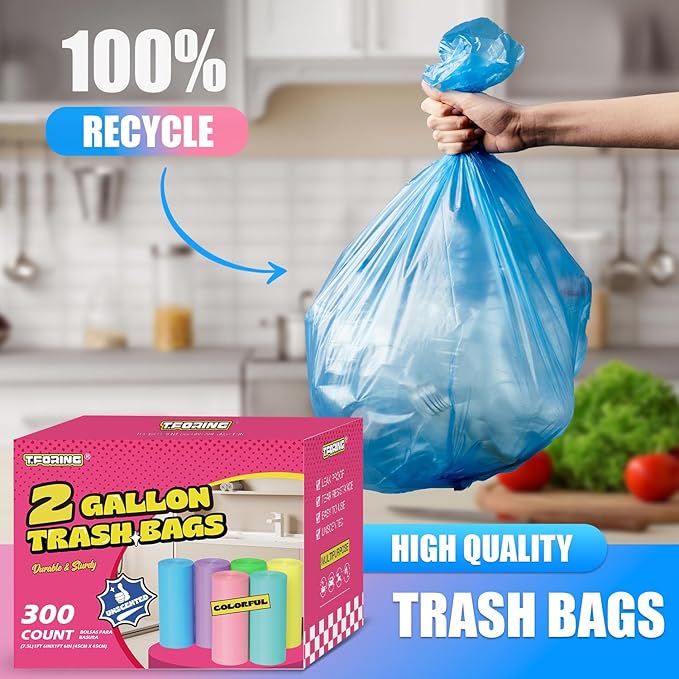 300 Count 2 Gallon Trash Bags - 7.5 Liter Colored Small Garbage Bags Unscented Wastebasket Liners Heavy Duty & Leakproof Mini Can Liners for Bathroom Office Home Car