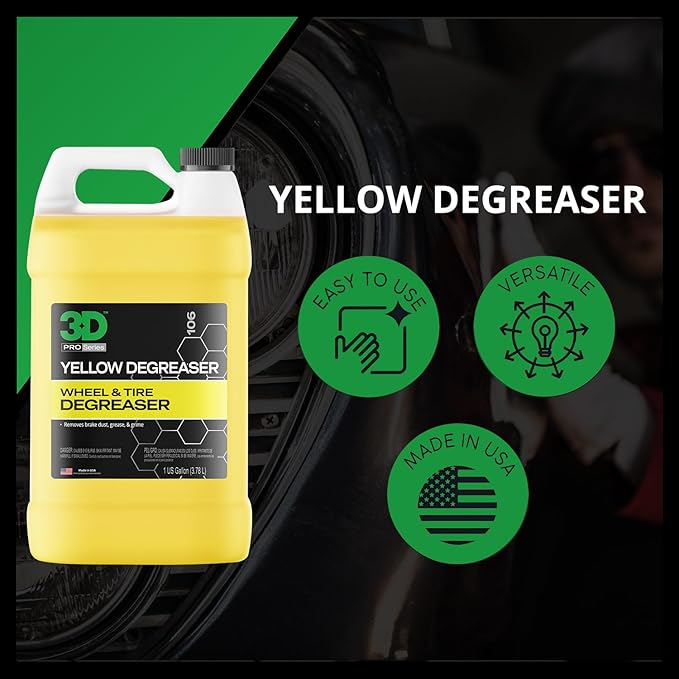 3D Yellow Degreaser – Non-Acid Wheel & Tire Cleaner Spray for Brake Dust, Grime & Tire Dressings – Safe for All Wheels & Whitewalls - 1 Gallon