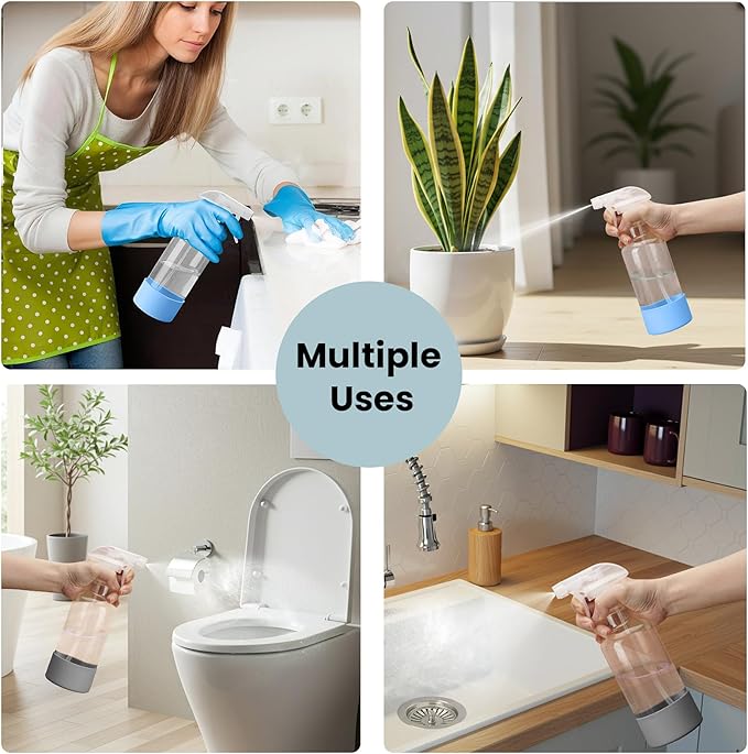 Glass Spray Bottles with Silicone Sleeve, 2 Pack 16.9oz Refillable Containers with Adjustable Spray Nozzles, Empty Spray Bottle for Cleaning Solutions, Hair, Plants (Blue+Grey)