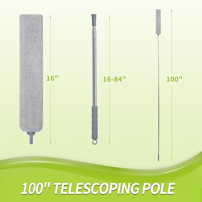 Skinny Duster with Extension Pole for Under Furniture, Under Appliance Cleaning Tool with 3 Microfiber Dusting Cloths, Retractable Flat Duster for Under Refrigerator, Tight Spaces, Gap
