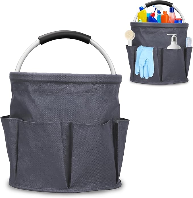 Cleaning Caddy with Handle, 17L Cleaning Supply Caddy Foldable Bucket Organizer Cleaning Products Organizers Cleaning Tools Bag 4.5 Gallon (Dark Gray)