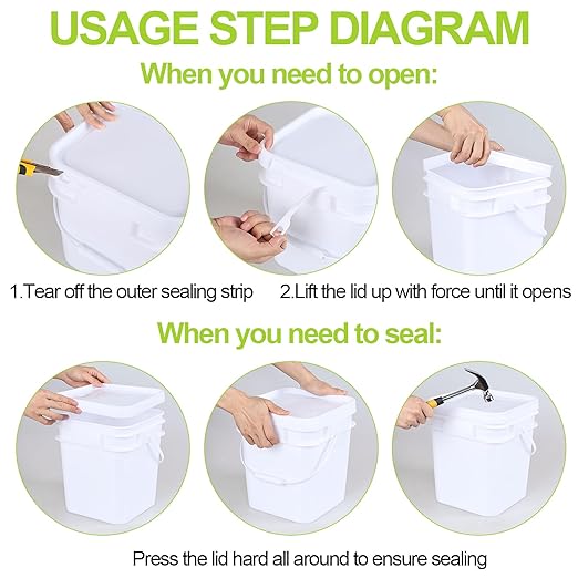 2.9 Gallon Square Buckets with Lids, Food Safe Plastic Bucket, 4 Pack, White