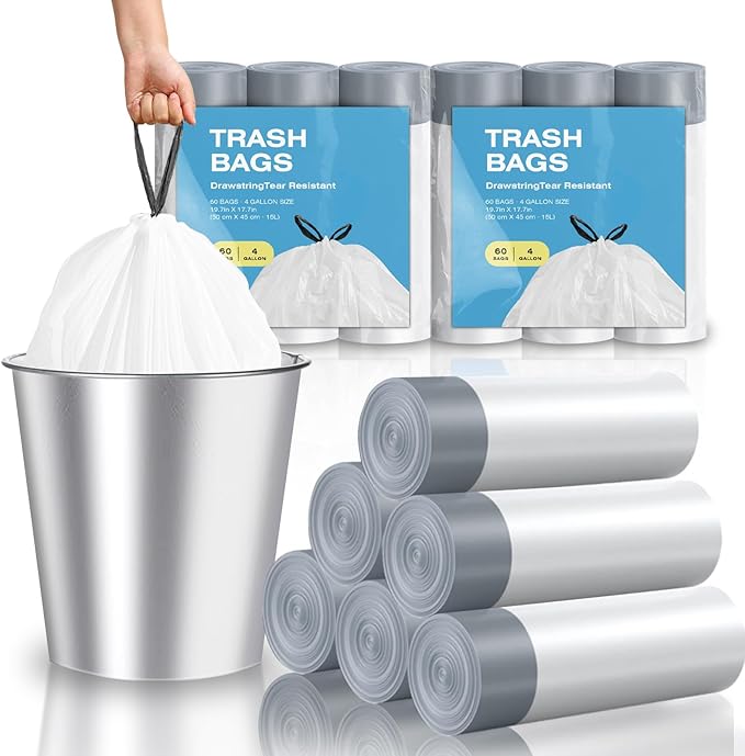 2.6 Gallon Mini Drawstring Trash Bags, Small Garbage Bags by KSSKSS, Code a fit 10-15 Liter, 2.6-4 Gal, White Trash Bin Liners for Home Office Kitchen Bathroom Bedroom, 120 Counts