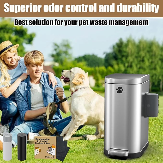 Dog Poop Trash Can Outside with Odor Control Lid & Step Pedal, 3.2Gal Stainless Steel Outdoor Trash Can, Waterproof Dog Waste Container Station - Includes Carbon Filters & Paw Stickers