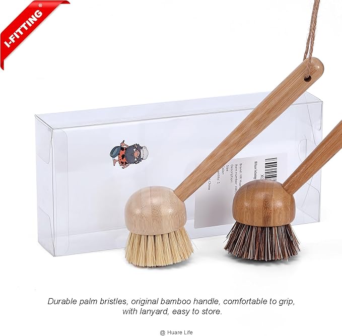 Bamboo Dish Scrubber, Dish Brushes with Bamboo Handle, Wooden Cleaning Scrubbers Stiff Bristles for Washing Kitchen Cast Iron Pan Pot, Kitchen Cleaning Set