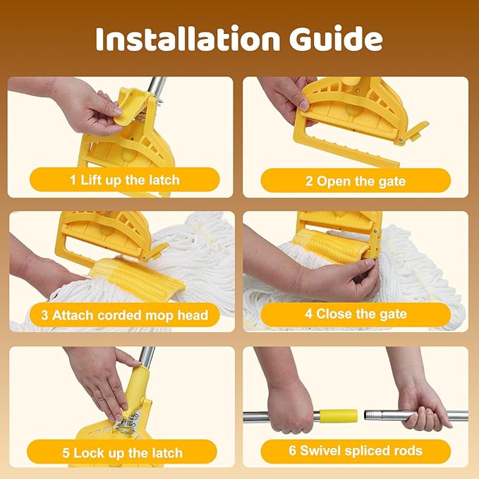 61 inch Mop Handle, Commercial Industrial Heavy Duty String Mop Floor Cleaner, Wet Mop with Long Adjustable Stainless Handle for Home, Garage, Office, Courtyard, Warehouse Floor Cleaning